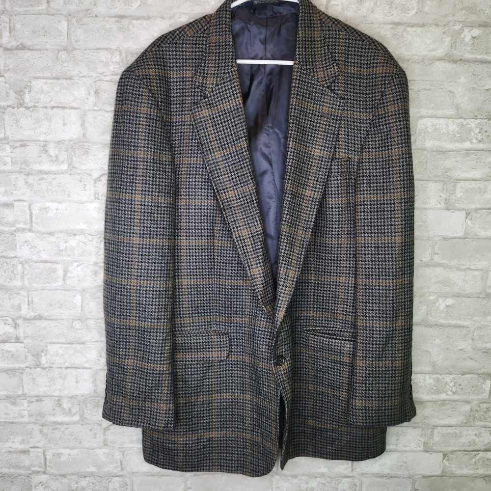Vintage‎ Lands' End Wool Tweed Sport Coat Blazer Houndstooth Windowpane 48R USA
